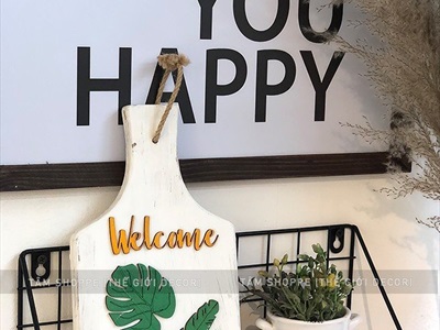 Bảng welcome lá Monstera hình thớt gỗ BTC-WEL-02