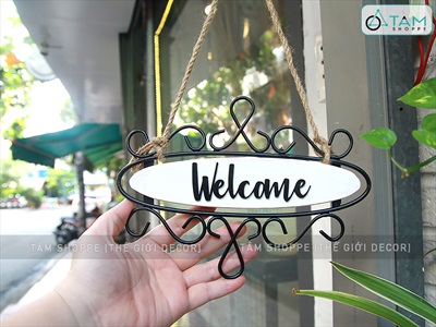 Bảng welcome treo viền sắt cổ điển trắng đen BTC-WEL-06