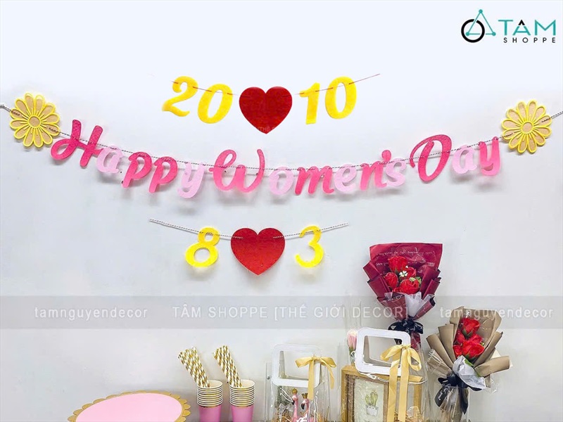 Dây banner chữ Happy Women's day 8/3 - 20/10 [Vải nỉ - Kèm dây] BANER-KHAC-01