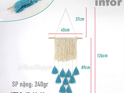 Macrame treo tường 10 tua rua xanh biển phối trắng (tặng đinh tường) MACRAME-02