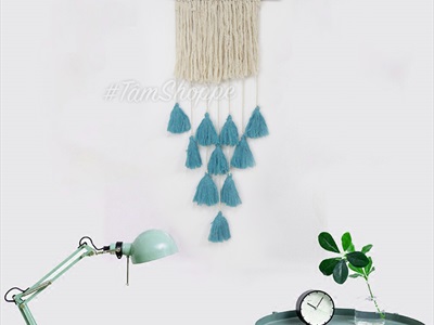 Macrame treo tường 10 tua rua xanh biển phối trắng (tặng đinh tường) MACRAME-02
