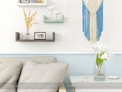 Macrame treo tường mũi tên 2 lớp xanh biển phối trắng (tặng đinh tường) MACRAME-03