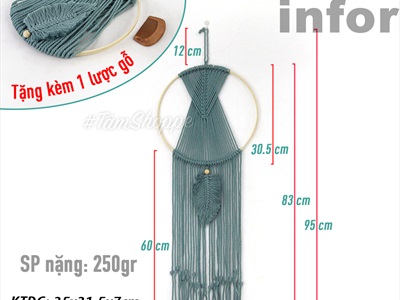 Macrame treo tường vòng tròn đan chéo 1 lá xanh lam Vintage (tặng đinh tường) MACRAME-04