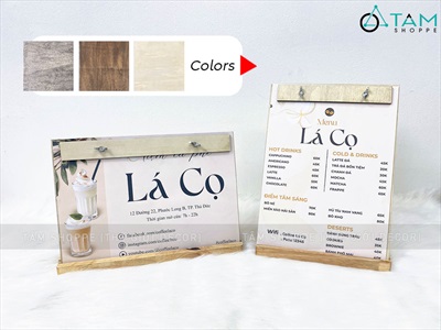 Bìa gỗ kẹp menu + Đế gỗ có rãnh kẹp bìa tự đứng [A3/A4 - Khắc logo theo YC] BIAKEP-01