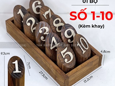 Bộ thẻ số để bàn quán cafe bằng gỗ trụ tròn [Tặng khay - Đều đẹp] SO-GO-01