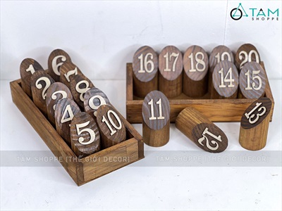 Bộ thẻ số để bàn quán cafe bằng gỗ trụ tròn [Tặng khay - Đều đẹp] SO-GO-01