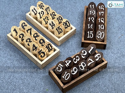 Bộ thẻ số để bàn quán cafe bằng gỗ trụ tròn [Tặng khay - Đều đẹp] SO-GO-01