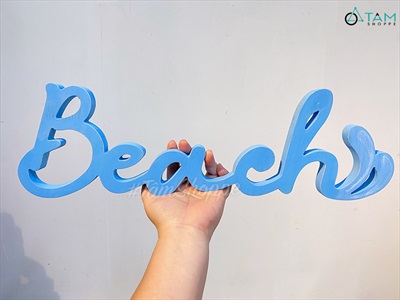 Chữ gỗ Beach màu xanh biển đuôi sóng [Tự đứng - 15x49cm] CHU-GO-09
