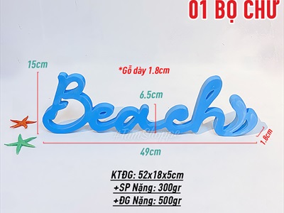 Chữ gỗ Beach màu xanh biển đuôi sóng [Tự đứng - 15x49cm] CHU-GO-09