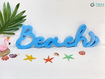 Chữ gỗ Beach màu xanh biển đuôi sóng [Tự đứng - 15x49cm] CHU-GO-09