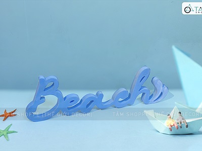 Chữ gỗ Beach màu xanh biển đuôi sóng [Tự đứng - 15x49cm] CHU-GO-09
