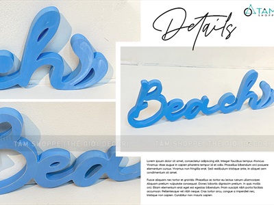 Chữ gỗ Beach màu xanh biển đuôi sóng [Tự đứng - 15x49cm] CHU-GO-09
