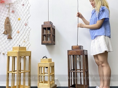 Đèn gỗ nhà trụ 4 cửa hình chữ nhật đứng [Tặng bóng đèn - Gỗ đẹp] DENGO-01