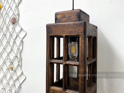Đèn gỗ nhà trụ 4 cửa hình chữ nhật đứng [Tặng bóng đèn - Gỗ đẹp] DENGO-01