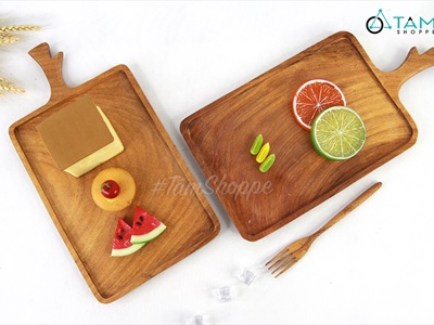 Dĩa gỗ chữ nhật phay lõm tay cầm nhánh cây DIA-GO-02