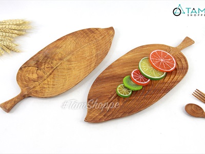 Dĩa gỗ hình chiếc lá phay lõm gân nổi DIA-GO-01