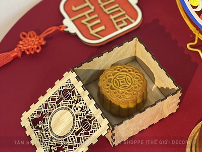 Hộp gỗ đựng 1 bánh Trung thu 5 kiểu hoạ tiết (nhận khắc Logo) HOP-GO-01
