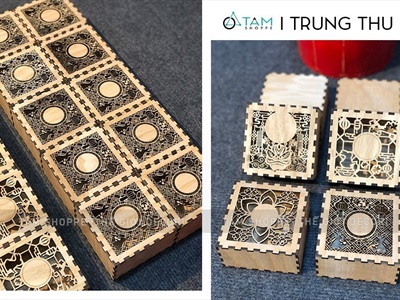 Hộp gỗ đựng 1 bánh Trung thu 5 kiểu hoạ tiết (nhận khắc Logo) HOP-GO-01