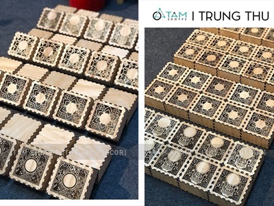 Hộp gỗ đựng 1 bánh Trung thu 5 kiểu hoạ tiết (nhận khắc Logo) HOP-GO-01