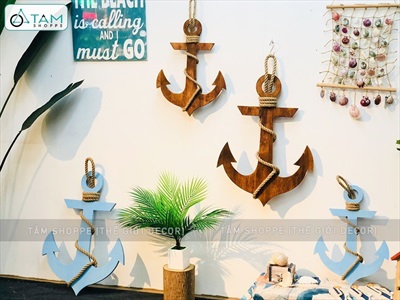 Mỏ neo trang trí cỡ lớn bằng gỗ quấn dây thừng đơn giản MONEO-01