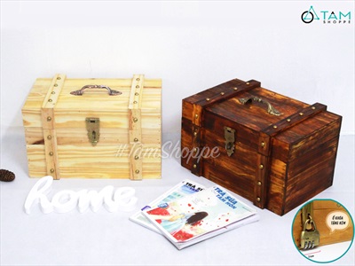 Rương gỗ viền nẹp đinh tán giả cổ 35cm (tặng ổ khoá) RUONG-GO-01