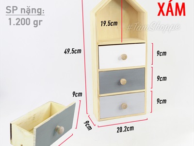 Tủ gỗ để bàn hình ngôi nhà 3 ngăn kéo màu pastel TU-GO-01