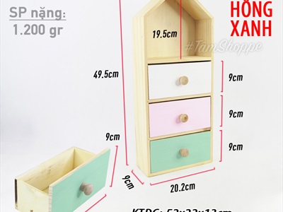 Tủ gỗ để bàn hình ngôi nhà 3 ngăn kéo màu pastel TU-GO-01
