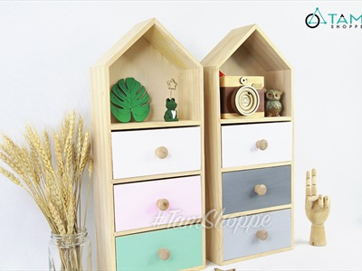 Tủ gỗ để bàn hình ngôi nhà 3 ngăn kéo màu pastel TU-GO-01