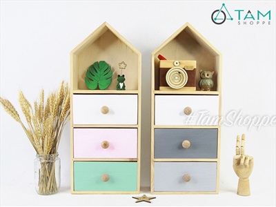 Tủ gỗ để bàn hình ngôi nhà 3 ngăn kéo màu pastel TU-GO-01