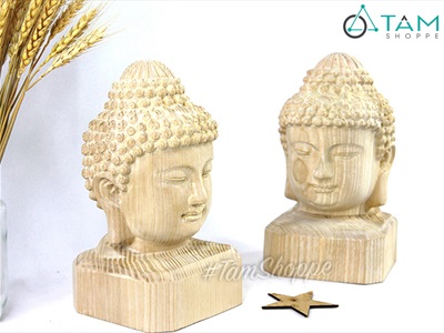 Tượng đầu phật gỗ nguyên khối phù điêu màu tự nhiên cao 20cm TUONGPHAT-02
