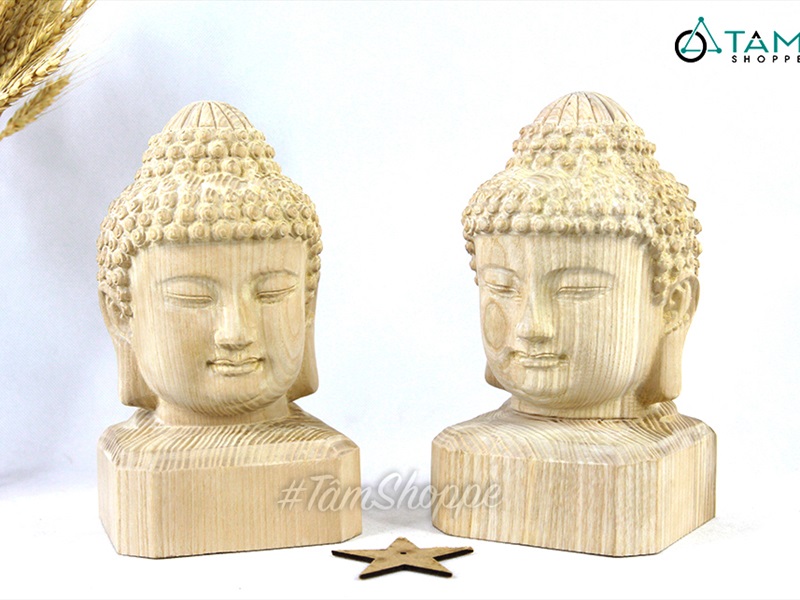 Tượng đầu phật gỗ nguyên khối phù điêu màu tự nhiên cao 20cm TUONGPHAT-02