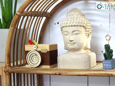 Tượng đầu phật gỗ nguyên khối phù điêu màu tự nhiên cao 20cm TUONGPHAT-02