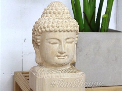 Tượng đầu phật gỗ nguyên khối phù điêu màu tự nhiên cao 20cm TUONGPHAT-02