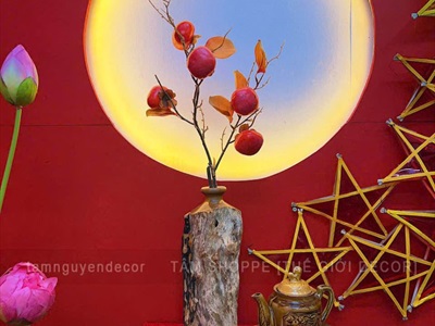 Vách gỗ đỏ khoét lỗ tròn decor [Gấp gọn - Tặng dây led] VACHGO-01