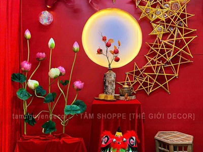 Vách gỗ đỏ khoét lỗ tròn decor [Gấp gọn - Tặng dây led] VACHGO-01