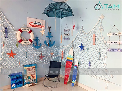 Bảng treo chủ đề biển Beach House chữ nhật 2-3 tầng [dây thừng - vỏ ốc thật] BTC-BIEN-02