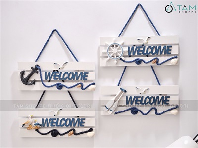 Bảng welcome gỗ 3 sọc trắng chủ đề biển [4 kiểu - 28x10cm] BTC-WEL-07