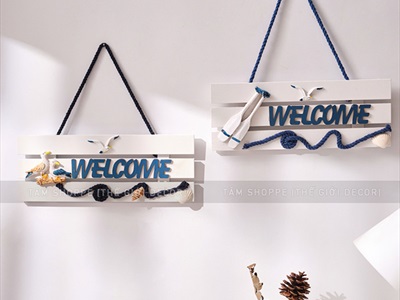 Bảng welcome gỗ 3 sọc trắng chủ đề biển [4 kiểu - 28x10cm] BTC-WEL-07