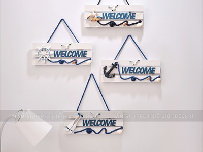 Bảng welcome gỗ 3 sọc trắng chủ đề biển [4 kiểu - 28x10cm] BTC-WEL-07