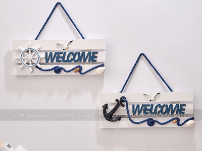 Bảng welcome gỗ 3 sọc trắng chủ đề biển [4 kiểu - 28x10cm] BTC-WEL-07