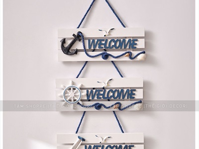 Bảng welcome gỗ 3 sọc trắng chủ đề biển [4 kiểu - 28x10cm] BTC-WEL-07