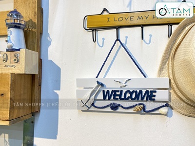 Bảng welcome gỗ 3 sọc trắng chủ đề biển [4 kiểu - 28x10cm] BTC-WEL-07