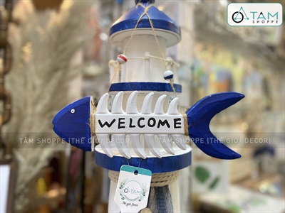 Bảng welcome xương cá trắng xanh [Thạch cao - 27x10cm] BTC-WEL-08
