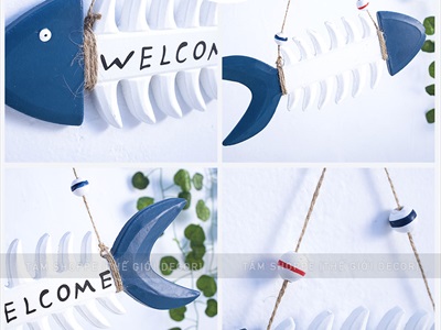 Bảng welcome xương cá trắng xanh [Thạch cao - 27x10cm] BTC-WEL-08
