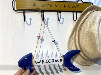Bảng welcome xương cá trắng xanh [Thạch cao - 27x10cm] BTC-WEL-08