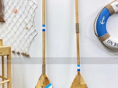 Cây chèo thuyền decor gỗ tự nhiên sọc xanh trắng [Có khoen treo - Dài 125cm] CAYCHEO-02