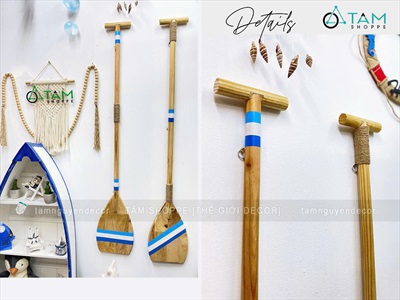 Cây chèo thuyền decor gỗ tự nhiên sọc xanh trắng [Có khoen treo - Dài 125cm] CAYCHEO-02