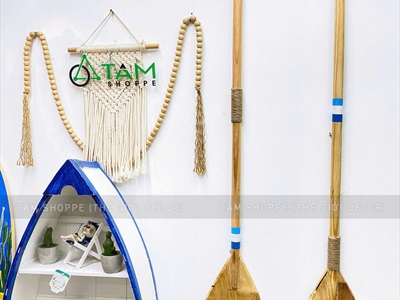 Cây chèo thuyền decor gỗ tự nhiên sọc xanh trắng [Có khoen treo - Dài 125cm] CAYCHEO-02