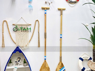 Cây chèo thuyền decor gỗ tự nhiên sọc xanh trắng [Có khoen treo - Dài 125cm] CAYCHEO-02