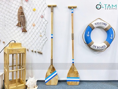 Cây chèo thuyền decor gỗ tự nhiên sọc xanh trắng [Có khoen treo - Dài 125cm] CAYCHEO-02